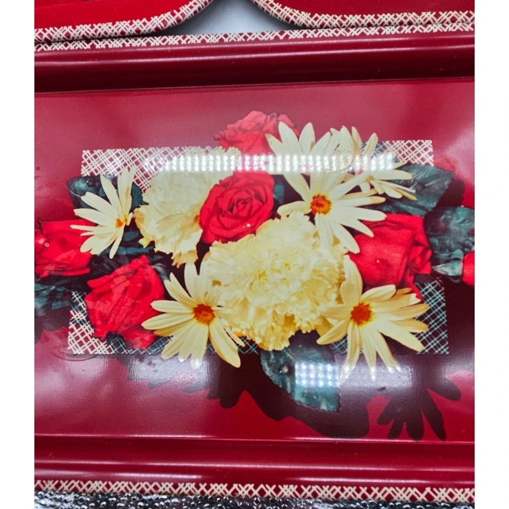 Vintage Red Floral Metal Serving Trays Set of 3 Roses Daisies Retro Kitchen 11.5